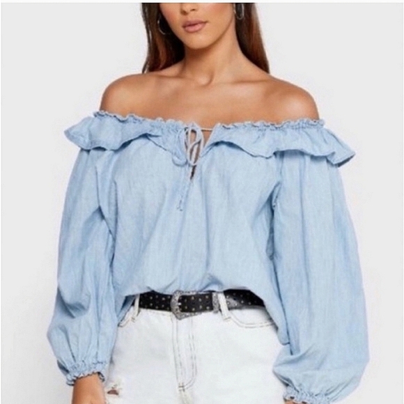 Free People Lily Of The Valley Chambray Blouse in Blue Size Small - Picture 3 of 15